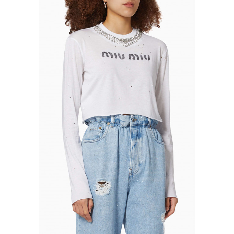 Miu Miu - Crystal Embroidered Crop T-shirt in Cotton Modal Blend