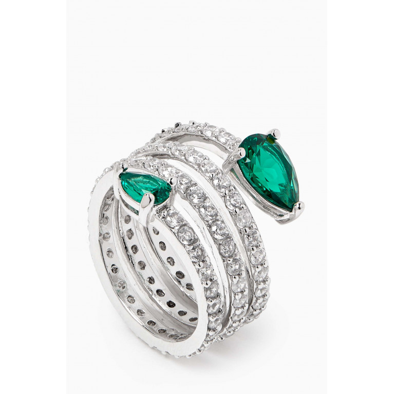 CZ by Kenneth Jay Lane - Spiral Pear Pavé Ring in Rhodium-plated Brass Green