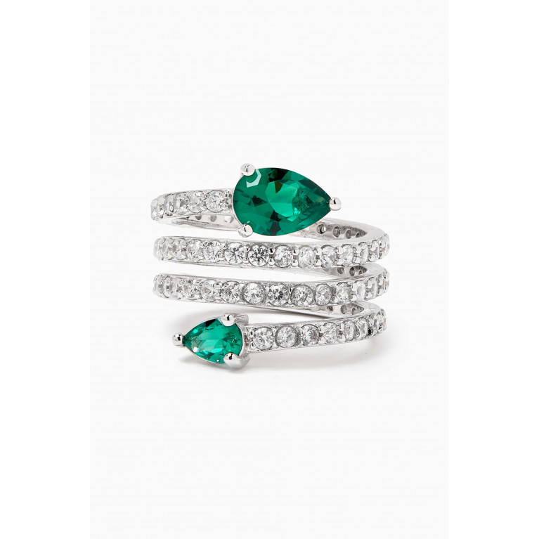 CZ by Kenneth Jay Lane - Spiral Pear Pavé Ring in Rhodium-plated Brass Green