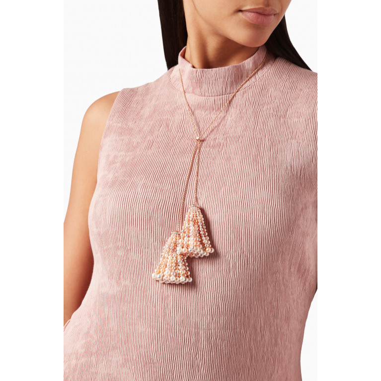 Gafla - Bahar Double Tassel Diamond Necklace with Pearls in 18kt Rose Gold, Large