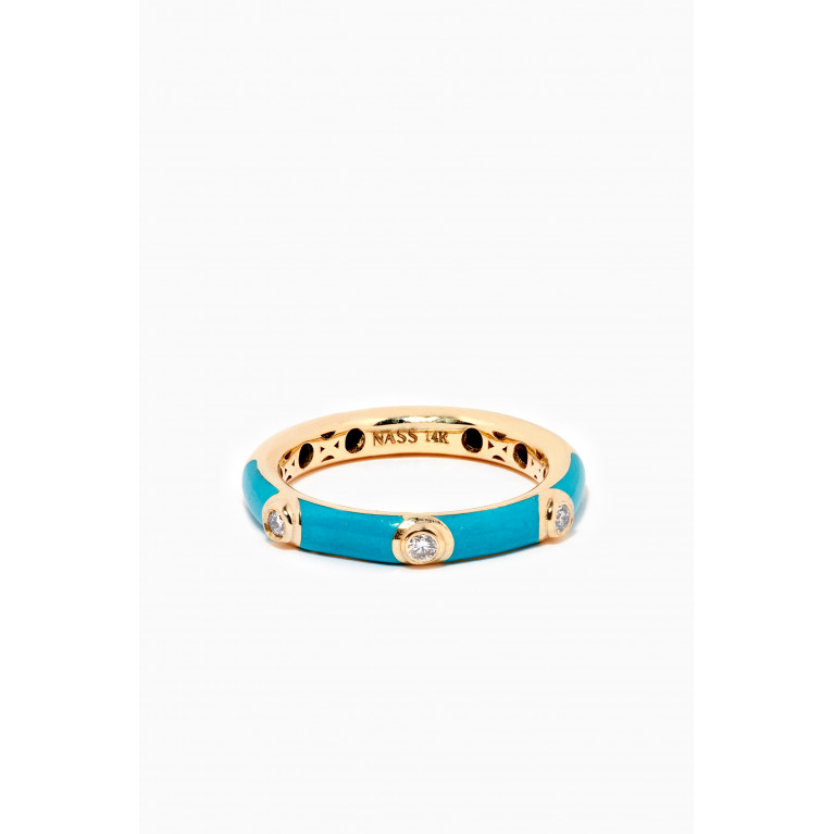 NASS - Enamel Diamond Crusted Ring in 14kt Yellow Gold Blue