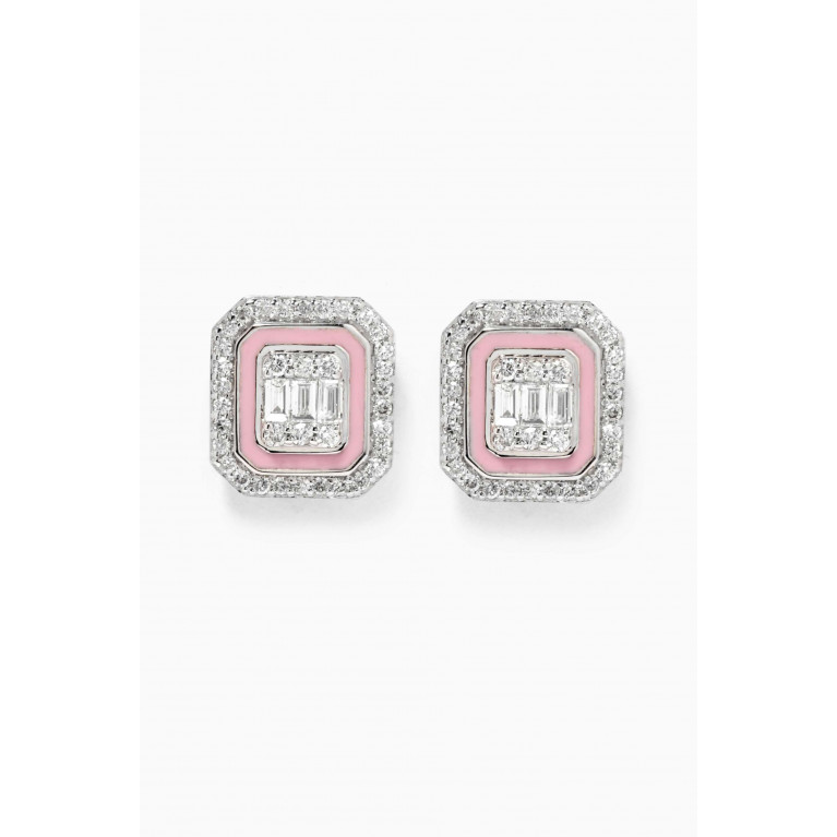 NASS - Mystery Set Enamel Framed Stud Diamond Earrings in 14kt White Gold Pink