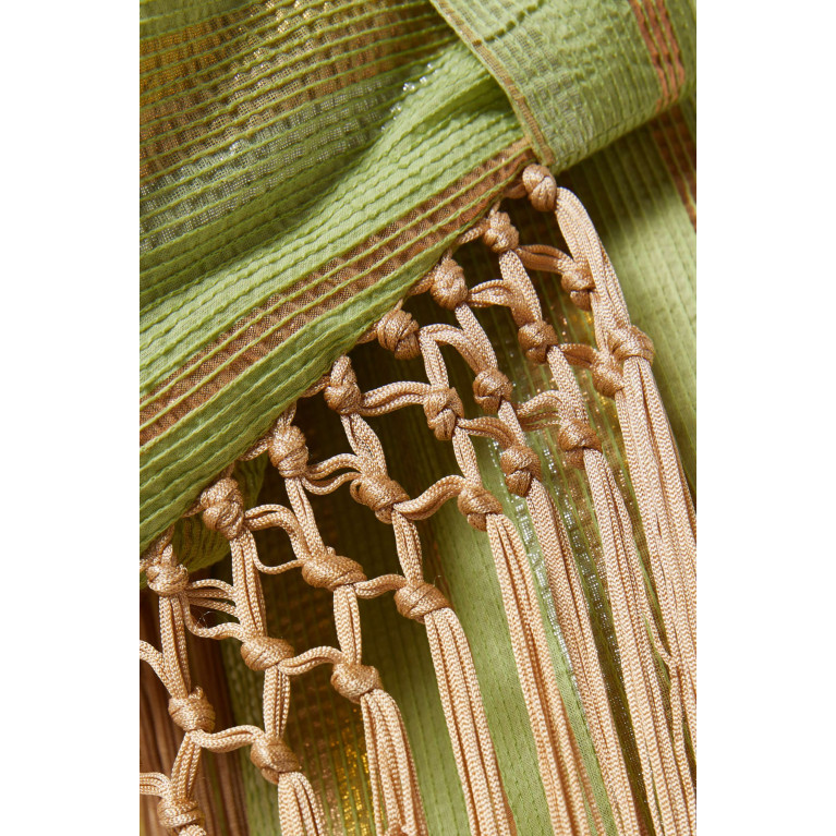 The Naqadis - Striped Fringe-trimmed Dress in Silk Green