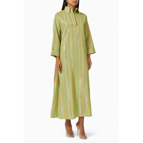 The Naqadis - Striped Fringe-trimmed Dress in Silk Green