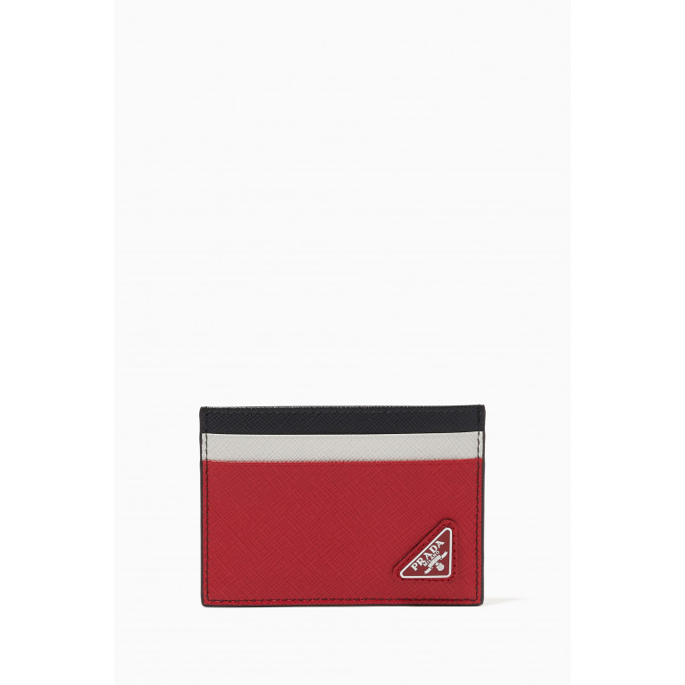 Prada - Triangle Logo Card Holder in Colour-block Saffiano Leather Black