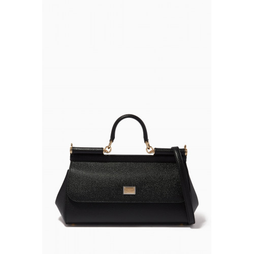 Dolce & Gabbana - Sicily Long Medium Top Handle Bag in Dauphine Leather Black