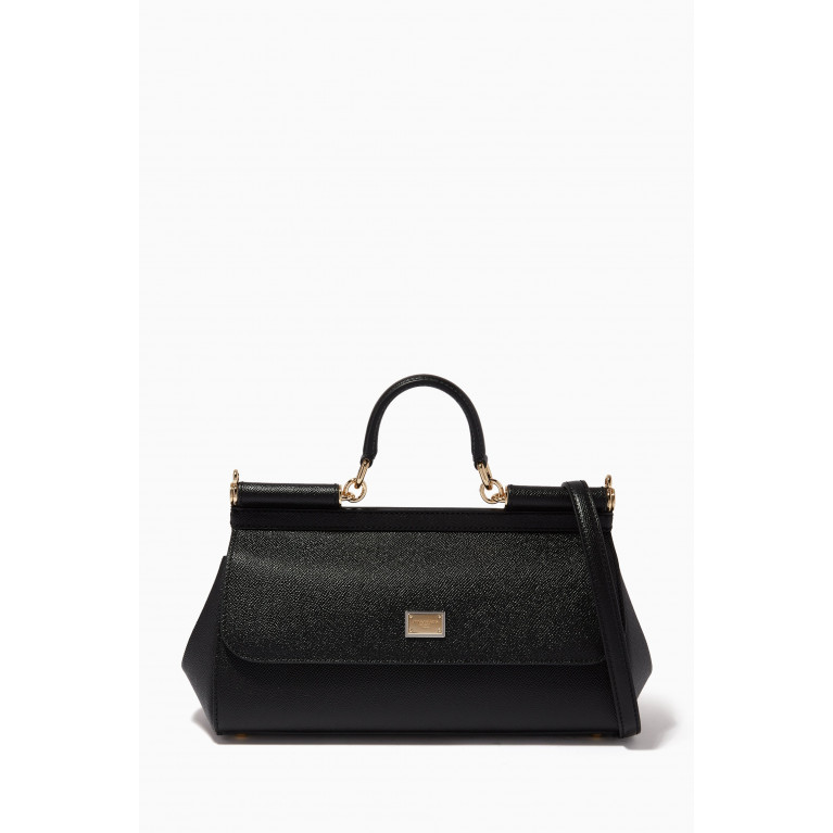 Dolce & Gabbana - Sicily Long Medium Top Handle Bag in Dauphine Leather Black