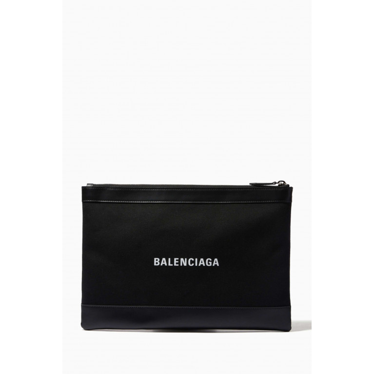 Balenciaga - Navy Clip Medium Pouch in Cotton Canvas & Calfskin