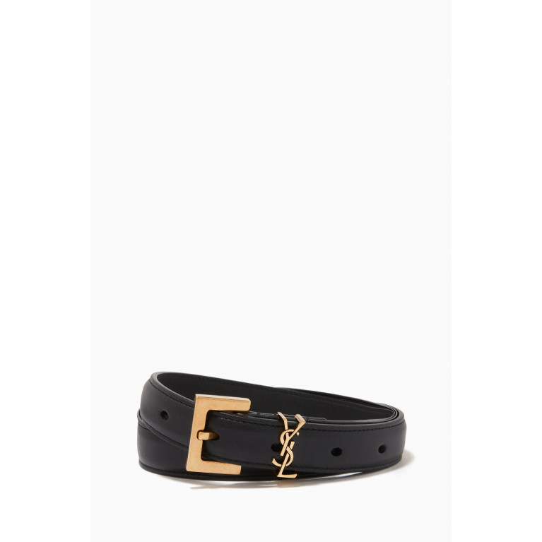 Saint Laurent - Monogram Narrow Belt with Square Buckle in Lacquered Leather Black