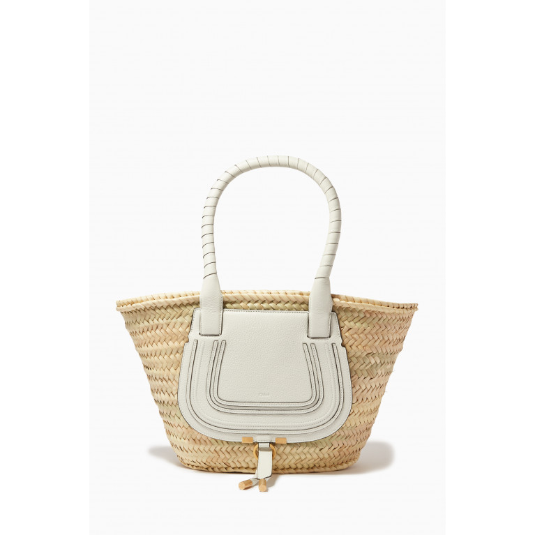Chloé - Medium Marcie Basket Bag in Raffia & Grained Calfskin White