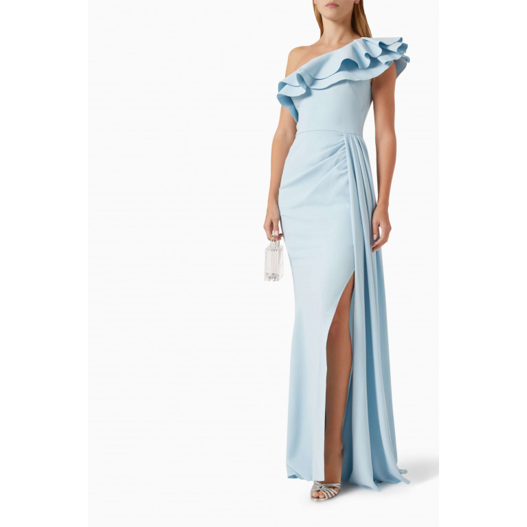 Nicole Bakti - Ruffled One-shoulder Gown in Stretch Crepe Blue