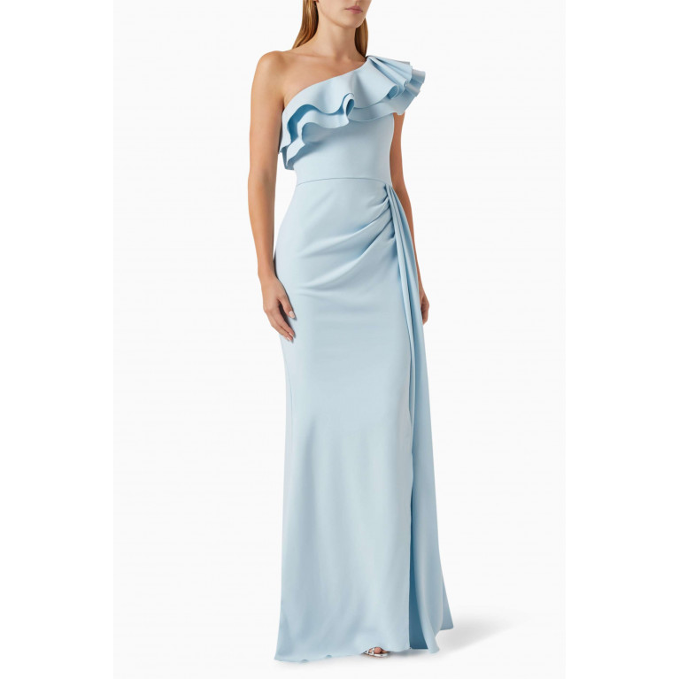 Nicole Bakti - Ruffled One-shoulder Gown in Stretch Crepe Blue