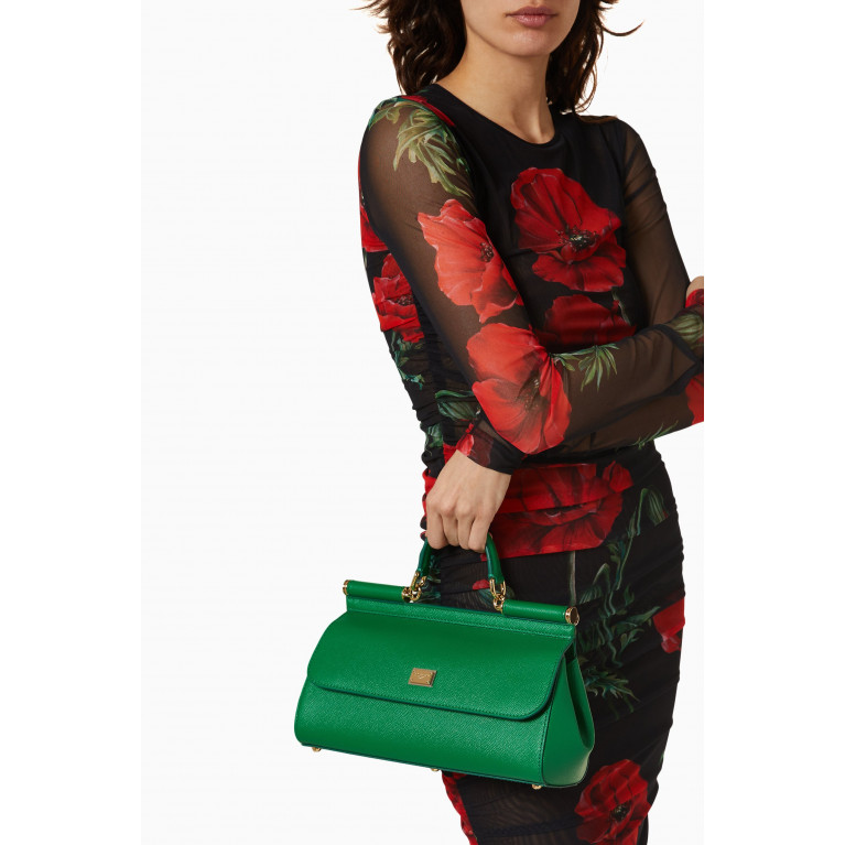 Dolce & Gabbana - Sicily Long Medium Top Handle Bag in Leather Green