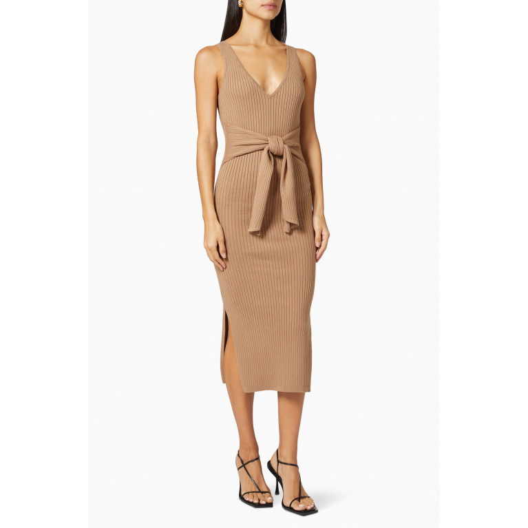 Good American - Belted Body Dress in Ribbed Knit Brown