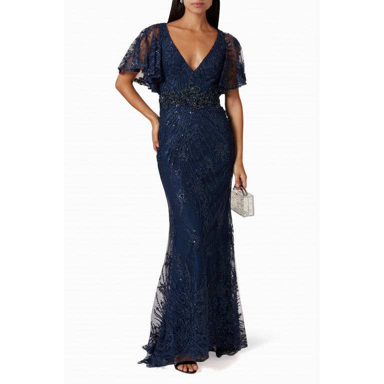 Mac Duggal - Embellished Butterfly Sleeve Gown in Tulle Blue