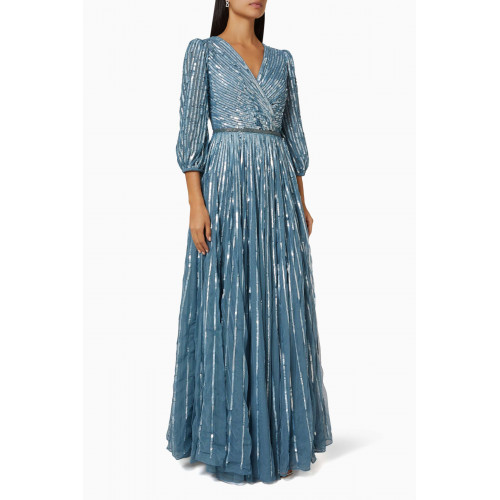 Mac Duggal - Balloon Sleeves Embellished Gown in Tulle Blue