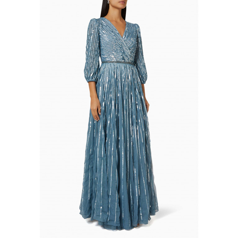 Mac Duggal - Balloon Sleeves Embellished Gown in Tulle Blue