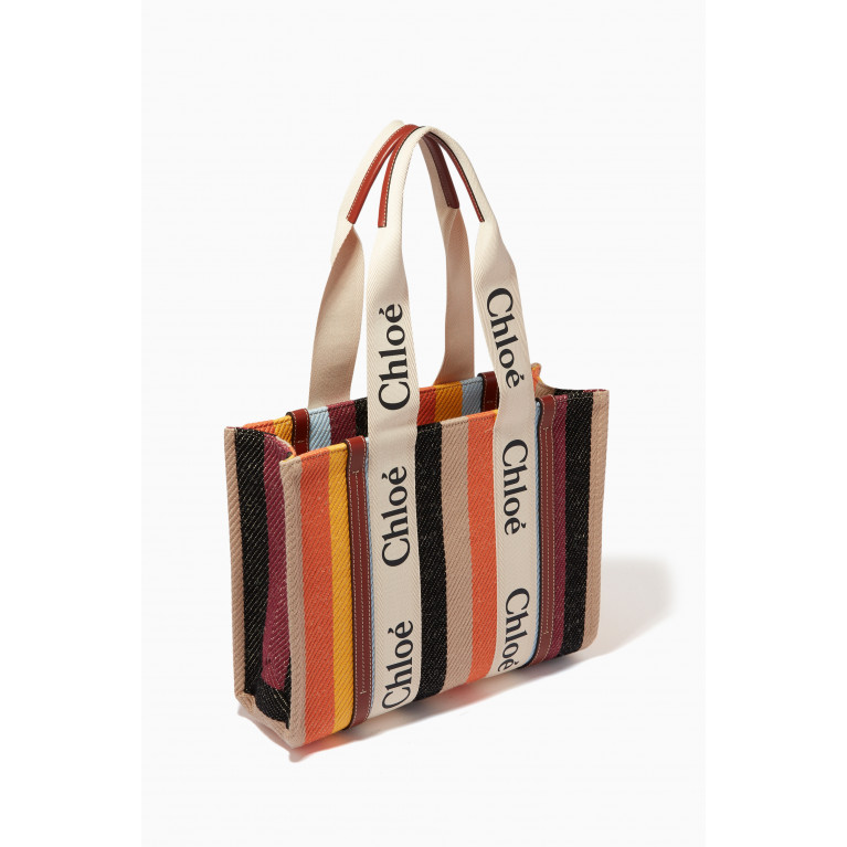 Chloé - Medium Woody Tote Bag in Striped Linen & Shiny Calfskin