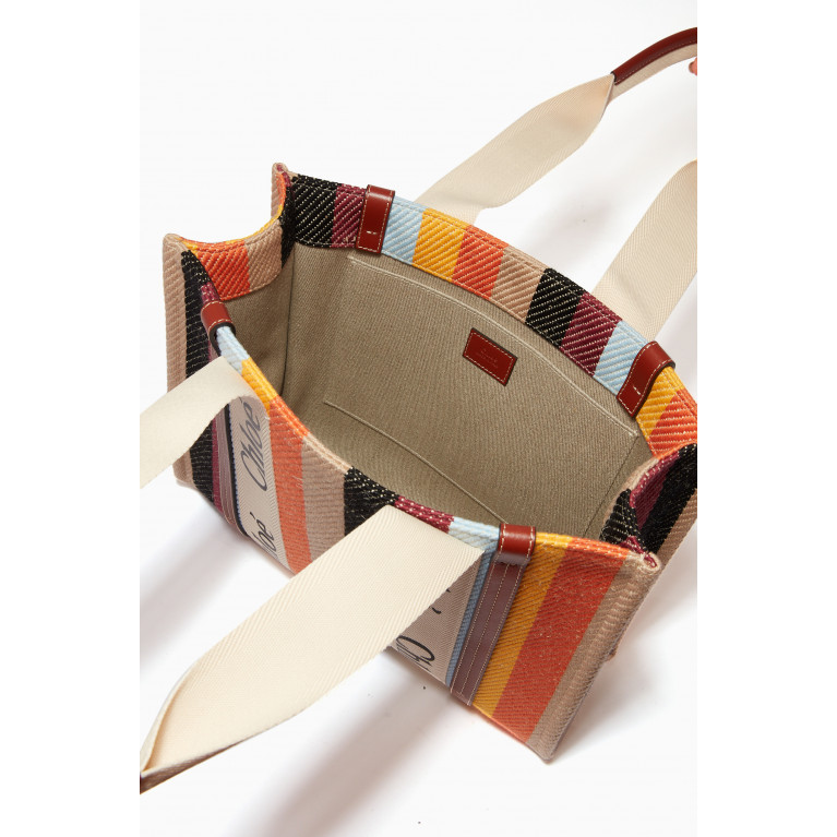 Chloé - Medium Woody Tote Bag in Striped Linen & Shiny Calfskin