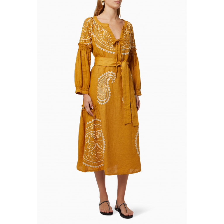 Kori - Contrast Embroidered Dress in Linen Yellow