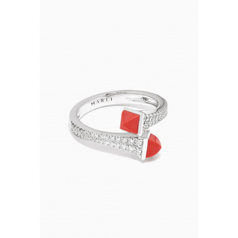 Marli - Cleo Diamond & Red Coral Midi Ring in 18kt White Gold