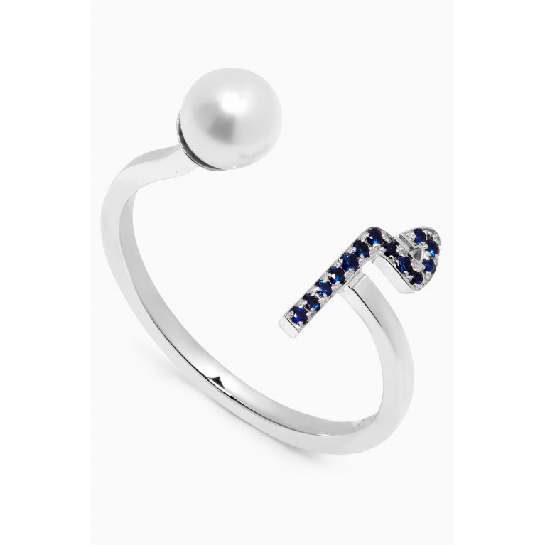 HIBA JABER - "M" Letter Pearl Drop Ring with Sapphires in 18kt White Gold
