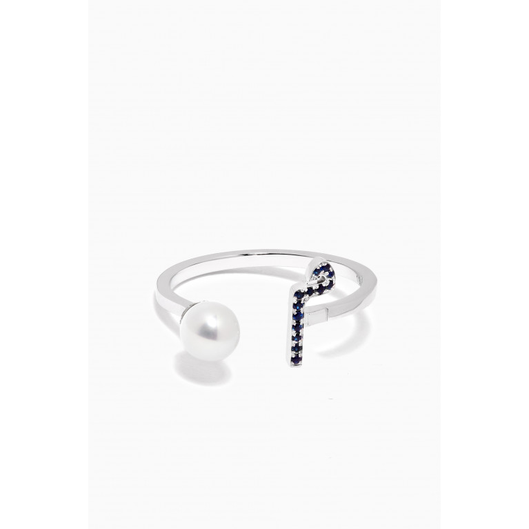 HIBA JABER - "M" Letter Pearl Drop Ring with Sapphires in 18kt White Gold