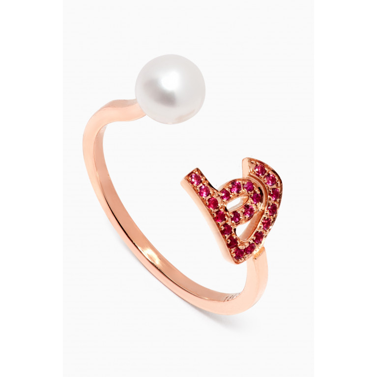 HIBA JABER - "Ha" Letter Pearl Drop Ring with Rubies in 18kt Rose Gold