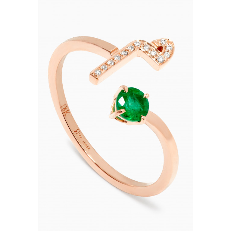 HIBA JABER - "M" Glam Your Initial Ring with Emerald & Diamonds in 18kt Rose Gold