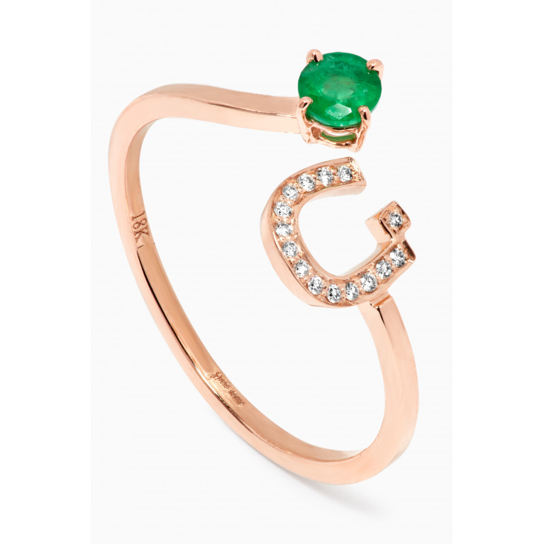 HIBA JABER - "N" Glam Your Initial Ring with Emerald & Diamonds in 18kt Rose Gold