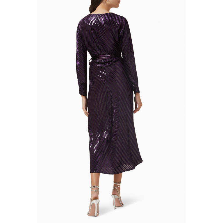 Serpil - V-neck Belted Shimmer Midi Dress Purple