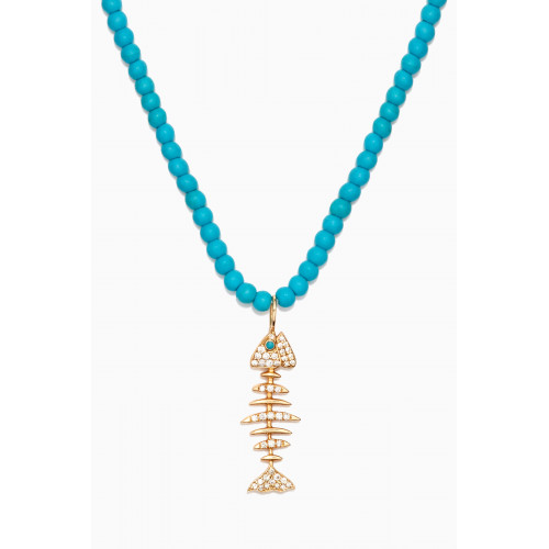 Kamushki - Beaded Turquoise Wishbone Necklace in 18kt Yellow Gold