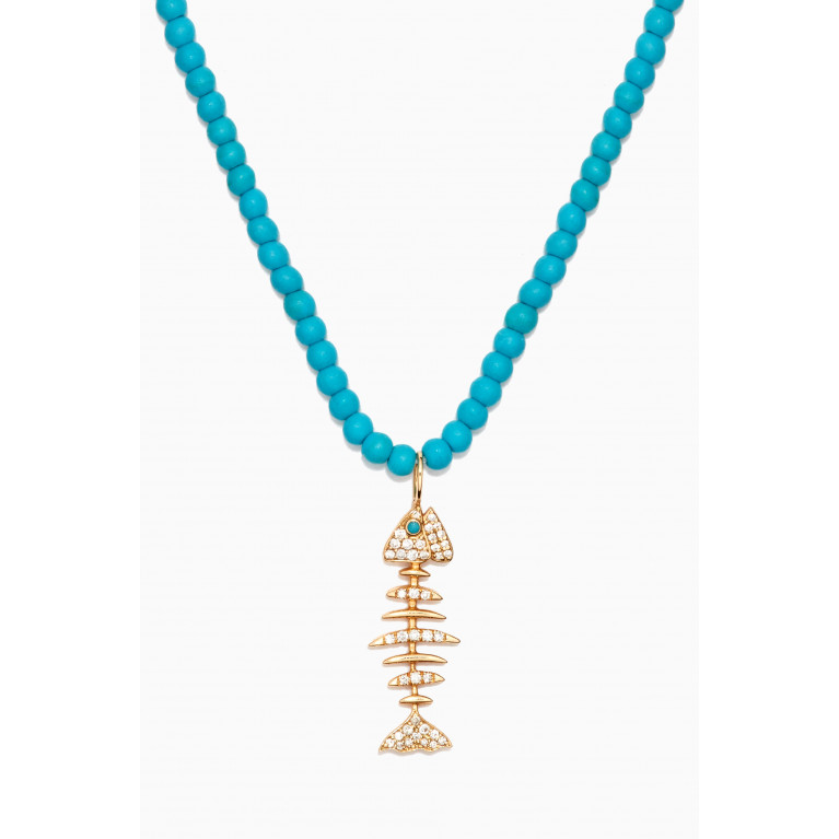 Kamushki - Beaded Turquoise Wishbone Necklace in 18kt Yellow Gold