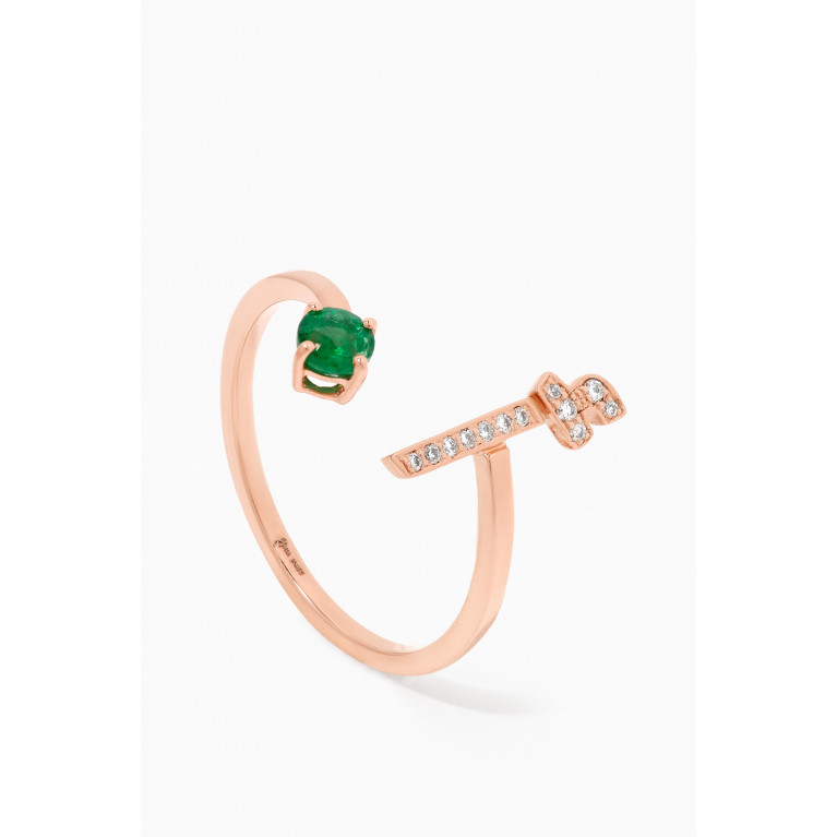 HIBA JABER - Glam Your Initial Letter "A" Emerald & Diamonds Ring in 18kt Rose Gold