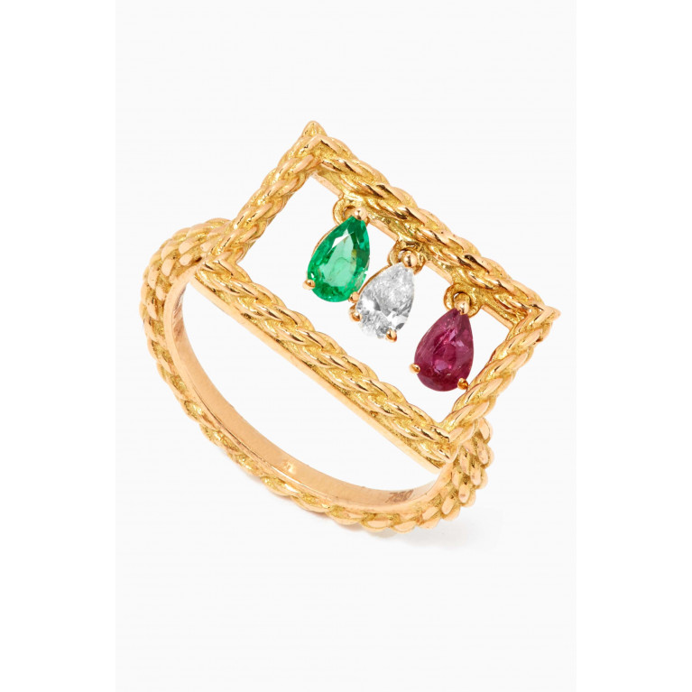 94 Jewelry - Rope Rectangle Diamond Ruby & Emerald Ring in 18kt Yellow Gold
