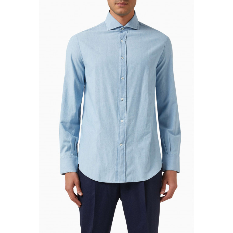 Brunello Cucinelli - Denim-effect Shirt in Cotton Chambray Blue