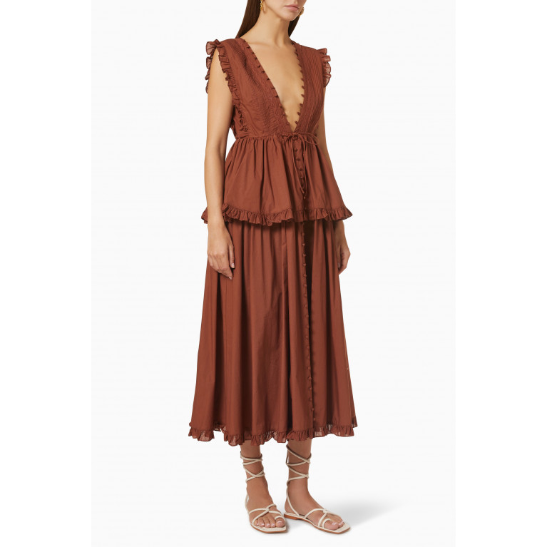 Joslin - Layla Peplum Midi Dress in Organic Cotton Brown