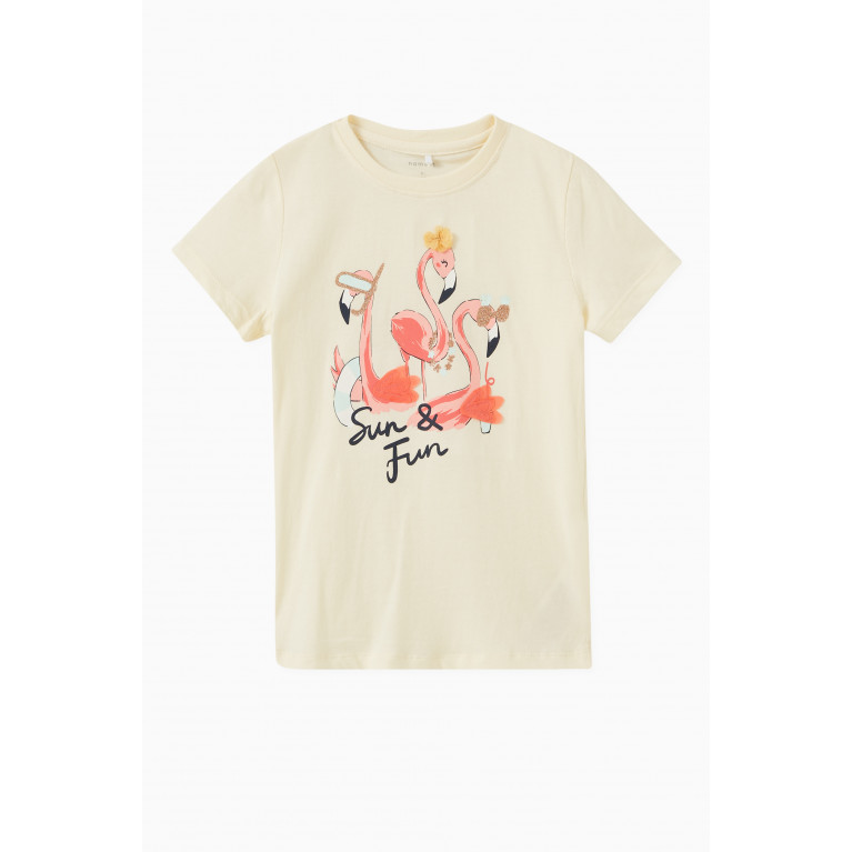 Name It - Glitter Flamingo Print T-shirt in Cotton Jersey Yellow