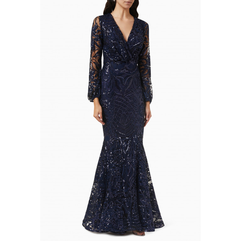 Nicole Bakti - Long Sleeve Gown in Lace Blue