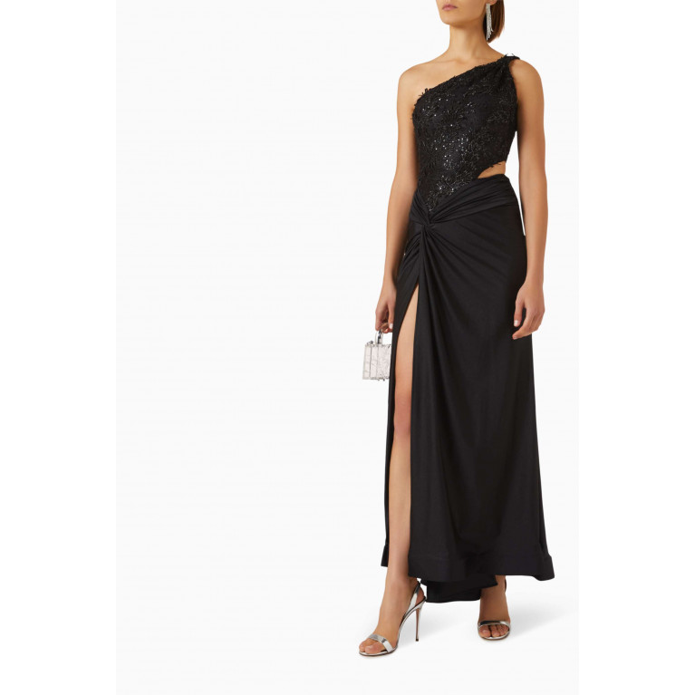 Nicole Bakti - One-shoulder Sequin-embellished Gown Black