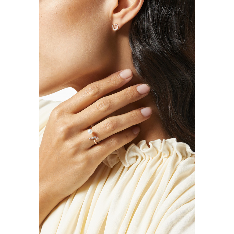 HIBA JABER - "M" Letter Pearl Drop & Diamond Ring in 18kt Rose Gold