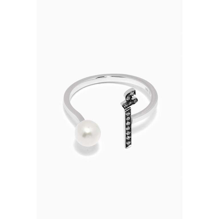 HIBA JABER - "A" Letter Pearl Drop & Diamond Ring in 18kt White Gold