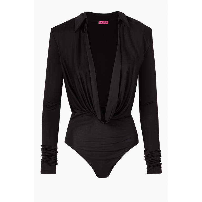 Gauge81 - Bauska Draped Bodysuit in Silk Black