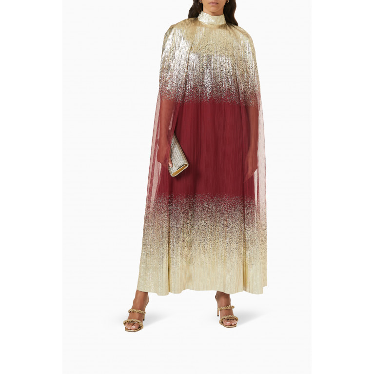Dima Ayad - Pleated Metallic Full Cape and Dress Set Burgundy