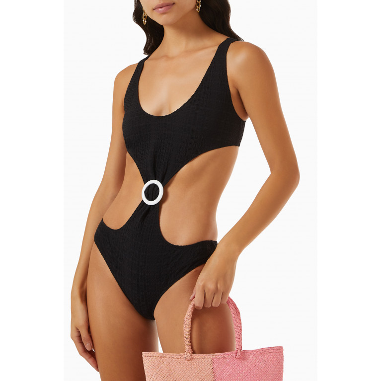 Lisa Marie Fernandez - Buckle Cut Out Swimsuit in Stretch Seersucker Black