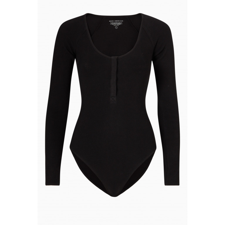 Good American - Feel Good Long Sleeve Bodysuit in Cotton Jersey Black