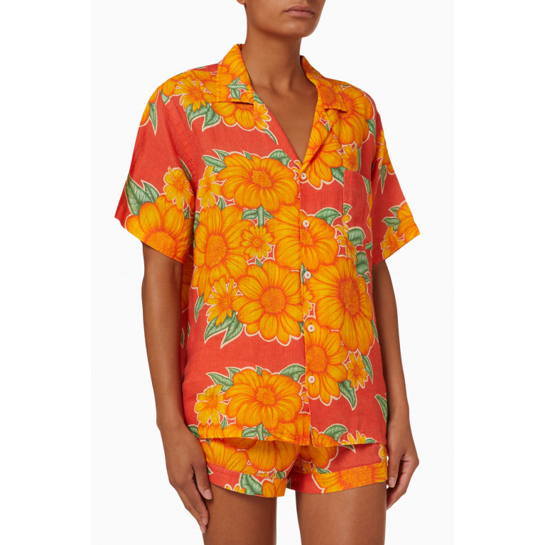 Desmond & Dempsey - Cuban Tithonia Print Pyjama Set in Linen