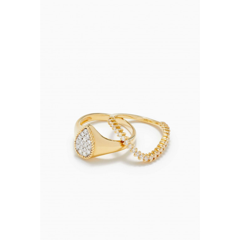 Yvonne Leon - Pear & Wave Diamond Signet Ring in 9kt Yellow Gold, Set of 2