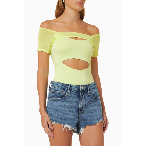 Good American - Off Shoulder Cut Out Bodysuit in Stretch Rayon Green