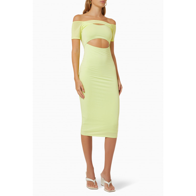 Good American - Off Shoulder Cut Out Midi Dress in Stretch Rayon Green